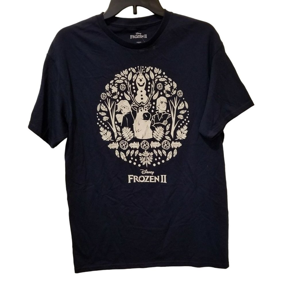 Disney Frozen II Womens Short Sleeve T-Shirt Size Large Navy Blue Olaf Elsa Ana